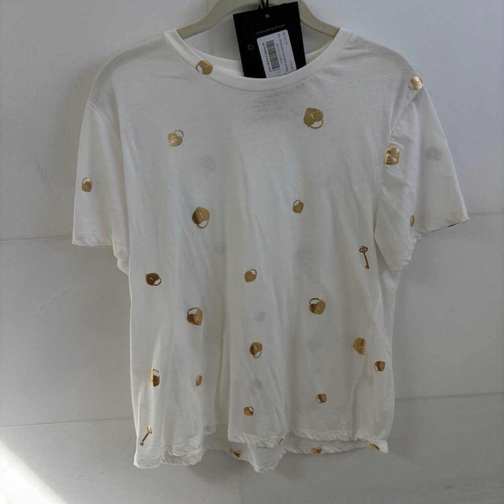 Cynthia Rowley White Cotton Tee Gold Metallic Polka Dot Crewneck Top Size M